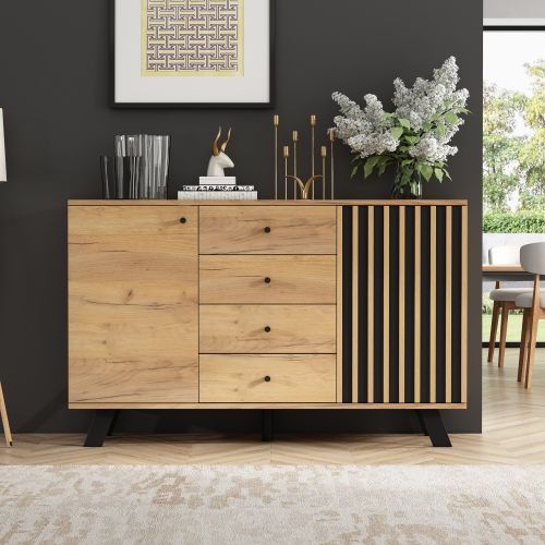 Buffet De Salon, Buffet Bois Avec 4 Tiroirs, 2 Portes, 5 Pieds Noir