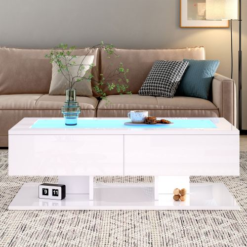 Table Basse Rectangulaire Blanche Avec 2 Tiroirs, Éclairage LED, Plateau En Verre