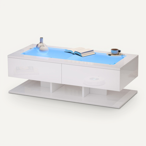 Table Basse Rectangulaire Blanche Avec 2 Tiroirs, Éclairage LED, Plateau En Verre