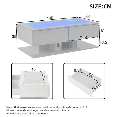 Table Basse Rectangulaire Blanche Avec 2 Tiroirs, Éclairage LED, Plateau En Verre