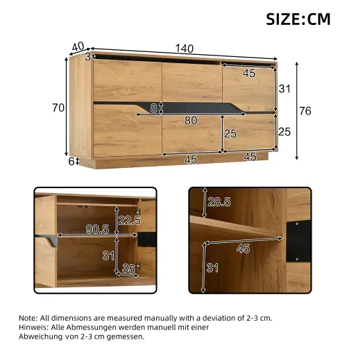 Buffet De Salon, Buffet Bois Avec Étagères Réglables, Sans Poignées
