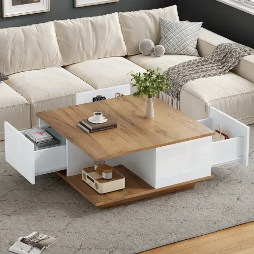 Table Basse Carrée Blanche Et Bois Avec 3 Tiroirs Et Rangement Ouvert