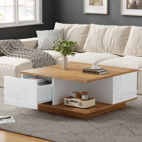 Table Basse Carrée Blanche Et Bois Avec 3 Tiroirs Et Rangement Ouvert