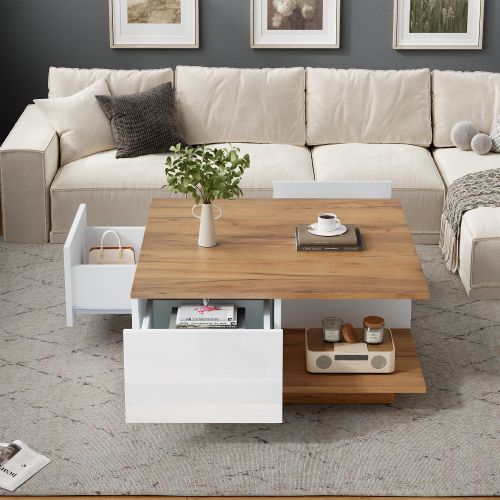 Table Basse Carrée Blanche Et Bois Avec 3 Tiroirs Et Rangement Ouvert