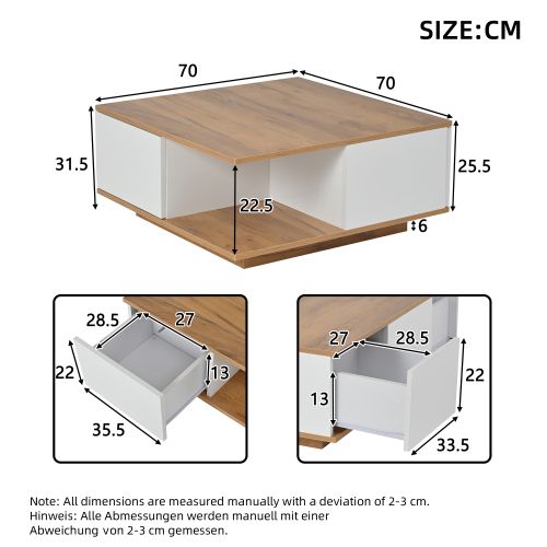 Table Basse Carrée Blanche Et Bois Avec 3 Tiroirs Et Rangement Ouvert