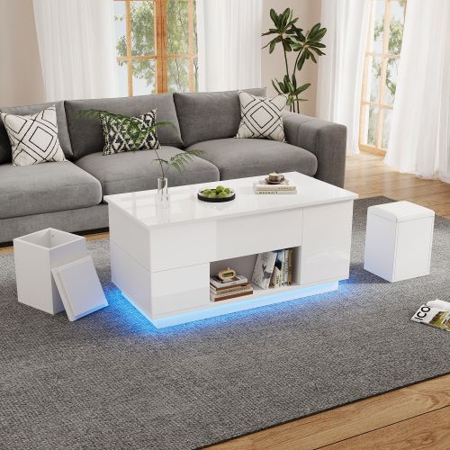 Table Basse Relevable Rectangulaire Blanche Avec LED, 2 Tiroirs, Tabourets, Rangement Caché
