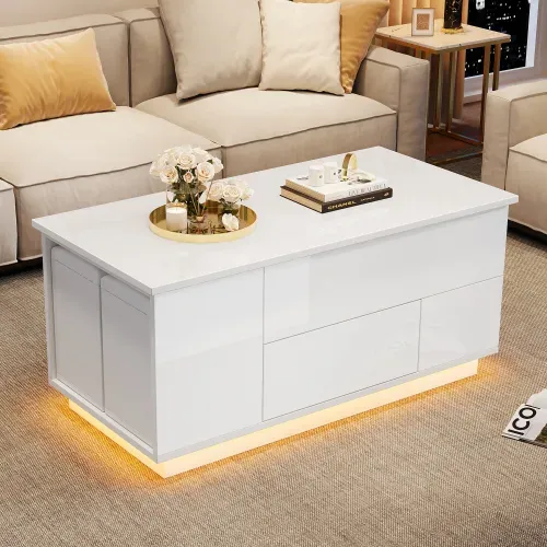 Table Basse Relevable Rectangulaire Blanche Avec LED, 2 Tiroirs, Tabourets, Rangement Caché
