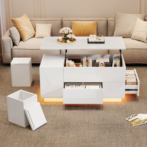 Table Basse Relevable Rectangulaire Blanche Avec LED, 2 Tiroirs, Tabourets, Rangement Caché
