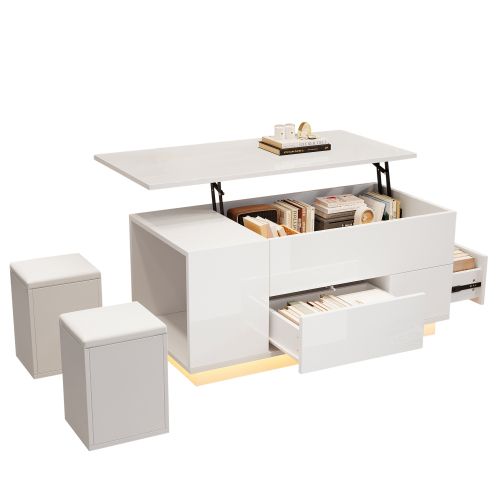 Table Basse Relevable Rectangulaire Blanche Avec LED, 2 Tiroirs, Tabourets, Rangement Caché