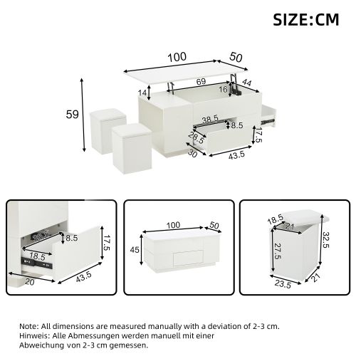 Table Basse Relevable Rectangulaire Blanche Avec LED, 2 Tiroirs, Tabourets, Rangement Caché