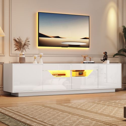 Meuble TV Blanc, Meuble TV Bas 180 Cm Avec 2 Tiroirs Et 2 Portes, Éclairage LED
