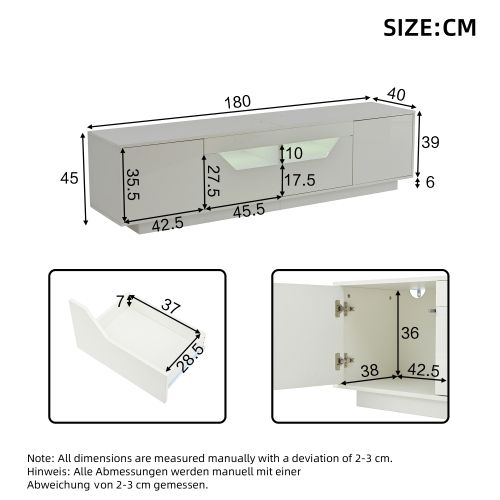 Meuble TV Blanc, Meuble TV Bas 180 Cm Avec 2 Tiroirs Et 2 Portes, Éclairage LED