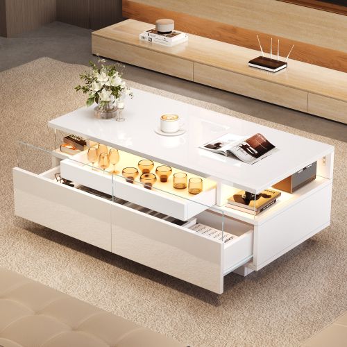 Table Basse Rectangulaire Blanche Lumineuse Avec Éclairage LED, 2 Tiroirs, Dosseret En Acrylique
