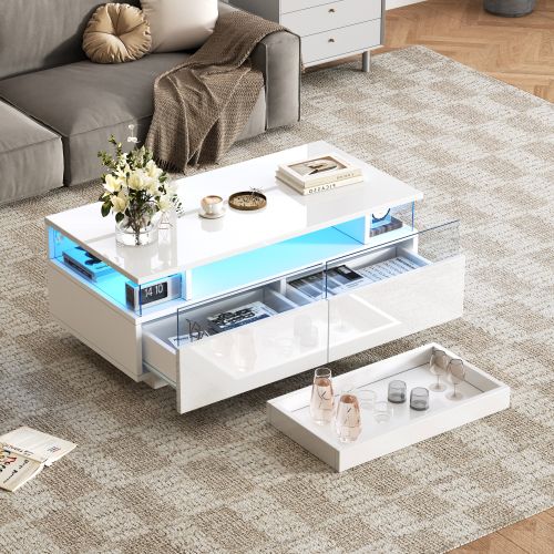 Table Basse Rectangulaire Blanche Lumineuse Avec Éclairage LED, 2 Tiroirs, Dosseret En Acrylique