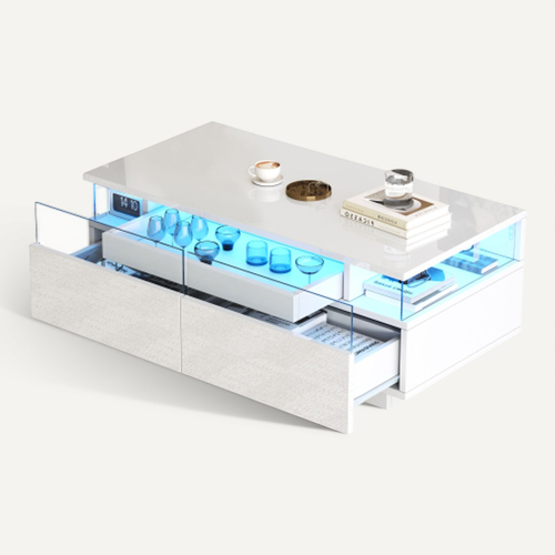 Table Basse Rectangulaire Blanche Lumineuse Avec Éclairage LED, 2 Tiroirs, Dosseret En Acrylique