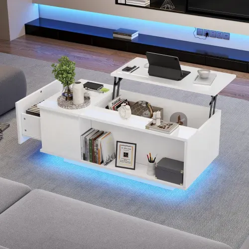 Table Basse Relevable Rectangulaire Blanche Brillante Avec LED, Rangement Caché, Tiroirs