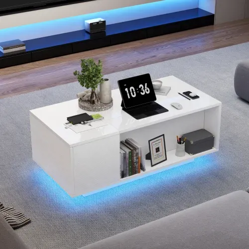 Table Basse Relevable Rectangulaire Blanche Brillante Avec LED, Rangement Caché, Tiroirs