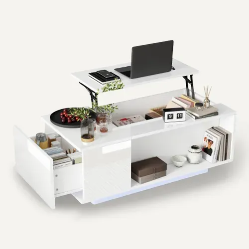 Table Basse Relevable Rectangulaire Blanche Brillante Avec LED, Rangement Caché, Tiroirs