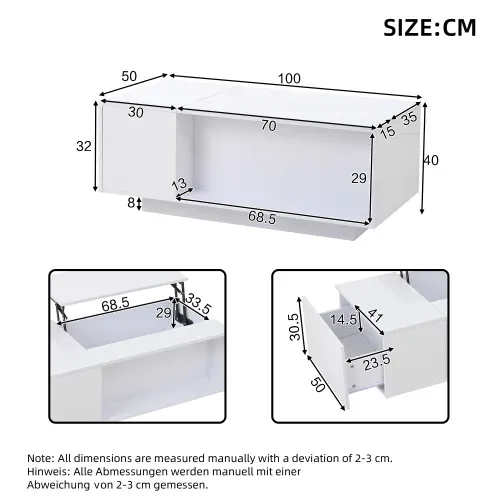 Table Basse Relevable Rectangulaire Blanche Brillante Avec LED, Rangement Caché, Tiroirs