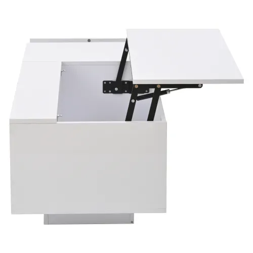 Table Basse Relevable Rectangulaire Blanche Brillante Avec LED, Rangement Caché, Tiroirs
