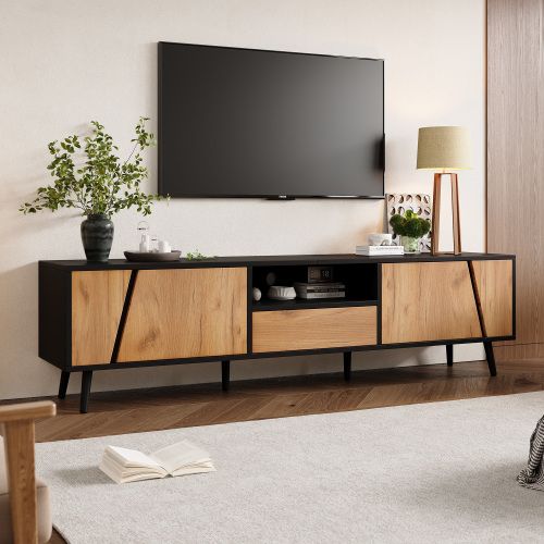Meuble TV Bois Et Noir De 180 Cm Avec 1 Tiroir, 2 Portes, Compartiments Ouverts