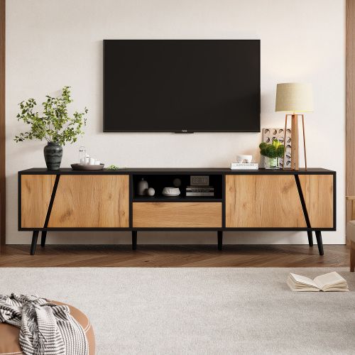 Meuble TV Bois Et Noir De 180 Cm Avec 1 Tiroir, 2 Portes, Compartiments Ouverts