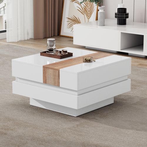 Table Basse Carrée Blanche Et Bois Avec Plateau Rétractable Et Rangement Caché