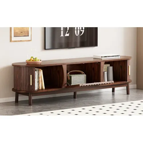Meuble TV Bas Marron Avec 2 Portes Coulissantes, 1 Porte De Meuble Creuse Rabattable