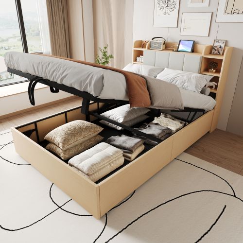 Lit Coffre 140x200 Cm, Lit En Bois, Tête De Lit Avec Rangement, Port USB Et Prise, Couleur Bois