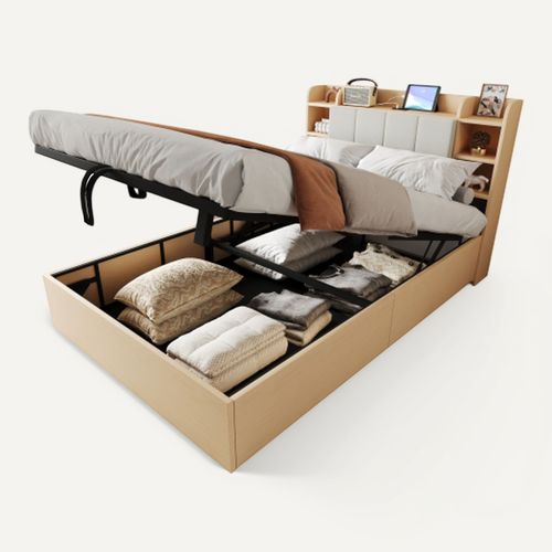 Lit Coffre 140x200 Cm, Lit En Bois, Tête De Lit Avec Rangement, Port USB Et Prise, Couleur Bois