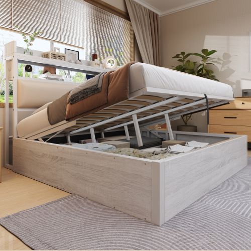 Lit Coffre 180x200 Cm, Tête De Lit Avec USB, Design Vintage, Espace De Rangement Caché, Blanc