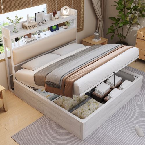 Lit Coffre 180x200 Cm, Tête De Lit Avec USB, Design Vintage, Espace De Rangement Caché, Blanc