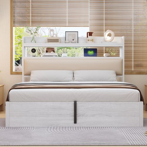 Lit Coffre 180x200 Cm, Tête De Lit Avec USB, Design Vintage, Espace De Rangement Caché, Blanc
