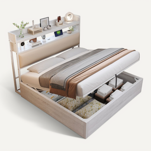 Lit Coffre 180x200 Cm, Tête De Lit Avec USB, Design Vintage, Espace De Rangement Caché, Blanc