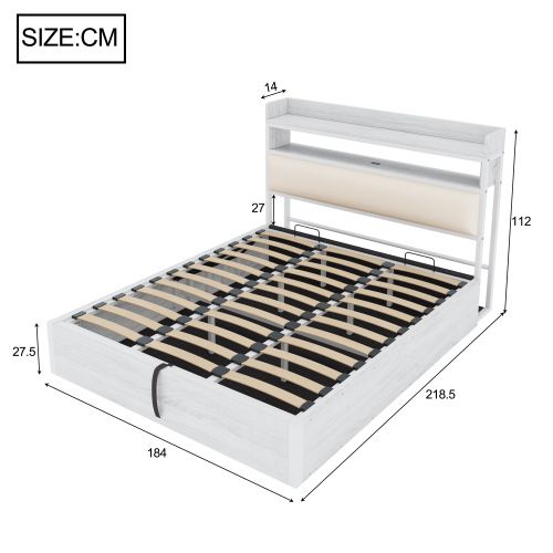 Lit Coffre 180x200 Cm, Tête De Lit Avec USB, Design Vintage, Espace De Rangement Caché, Blanc
