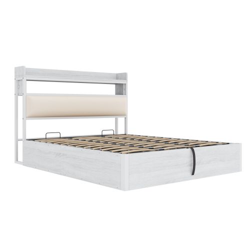 Lit Coffre 180x200 Cm, Tête De Lit Avec USB, Design Vintage, Espace De Rangement Caché, Blanc