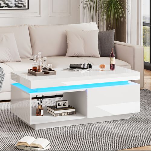 Table Basse Blanc avec LED Et 1 Tiroir, Haut-gloss Avant et Plateau, 100 X 50 X 40,3 Cm - Blanc