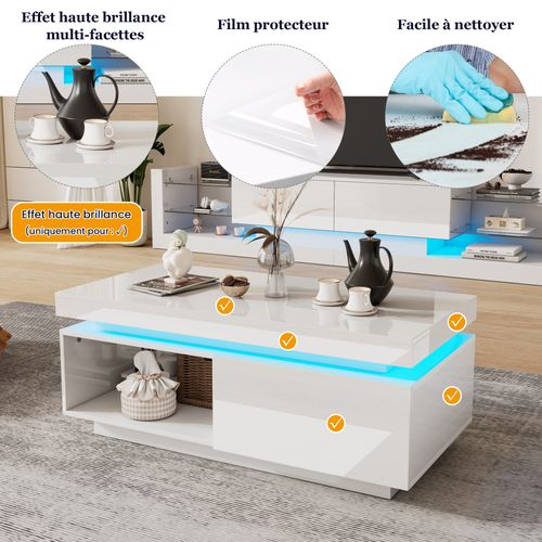 Table Basse Blanc avec LED Et 1 Tiroir, Haut-gloss Avant et Plateau, 100 X 50 X 40,3 Cm - Blanc