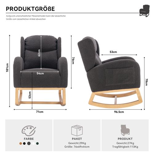 Fauteuil à Bascule Gris Foncé En Tissu Teddy Avec Coussin Épais Et Poches Pratiques