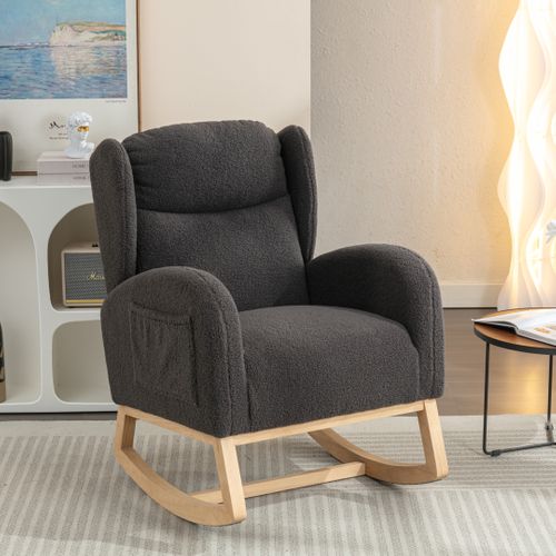 Fauteuil à Bascule Gris Foncé En Tissu Teddy Avec Coussin Épais Et Poches Pratiques