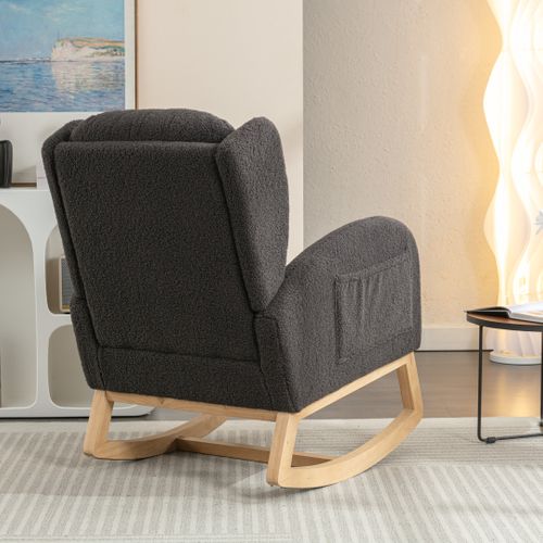 Fauteuil à Bascule Gris Foncé En Tissu Teddy Avec Coussin Épais Et Poches Pratiques