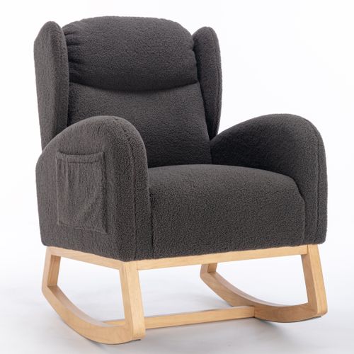 Fauteuil à Bascule Gris Foncé En Tissu Teddy Avec Coussin Épais Et Poches Pratiques