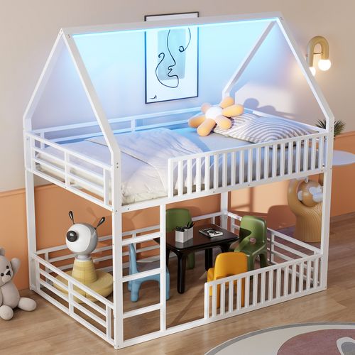 Lit Superposé Cabane 140x200 Cm Blanc En Métal, Lit Enfant Avec Barrière Et LED