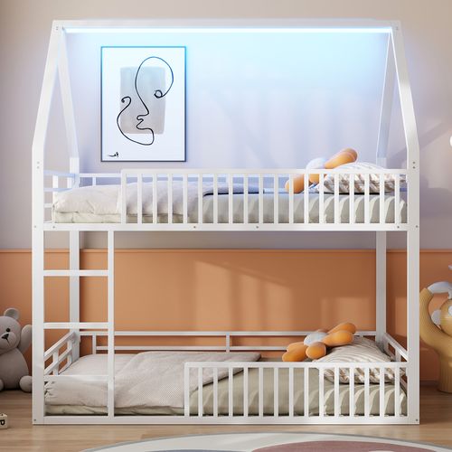Lit Superposé Cabane 140x200 Cm Blanc En Métal, Lit Enfant Avec Barrière Et LED