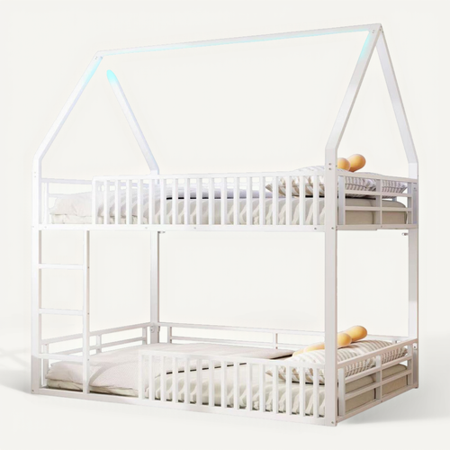 Lit Superposé Cabane 140x200 Cm Blanc En Métal, Lit Enfant Avec Barrière Et LED