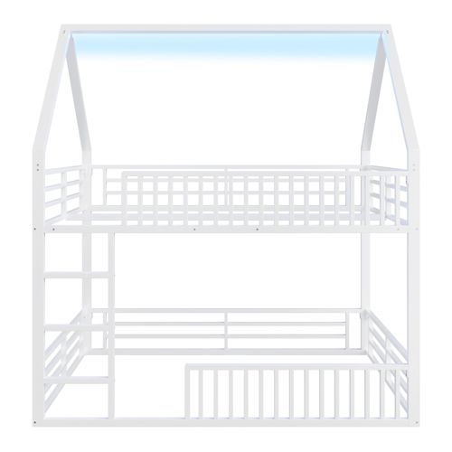 Lit Superposé Cabane 140x200 Cm Blanc En Métal, Lit Enfant Avec Barrière Et LED
