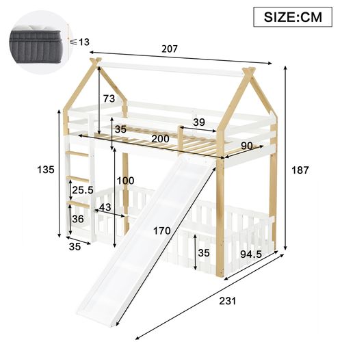 Lit Superposé Cabane 90x200 Cm, Toboggan, Barrière Et Porte, Espace De Jeu Enfant, Pin Blanc + Bois