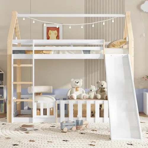 Lit Superposé Cabane 90x200 Cm, Toboggan, Barrière Et Porte, Espace De Jeu Enfant, Pin Blanc + Bois