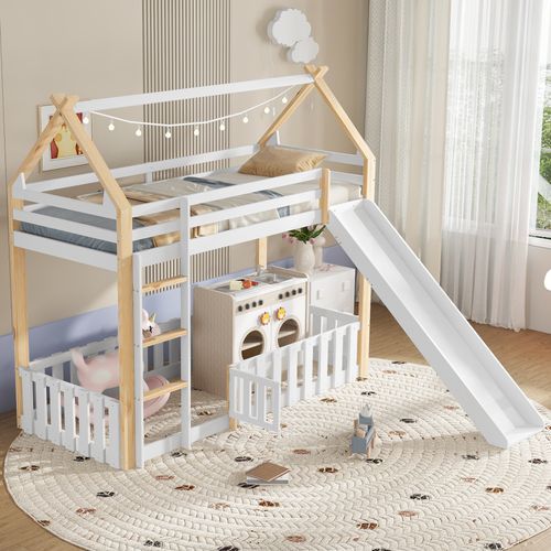 Lit Superposé Cabane 90x200 Cm, Toboggan, Barrière Et Porte, Espace De Jeu Enfant, Pin Blanc + Bois
