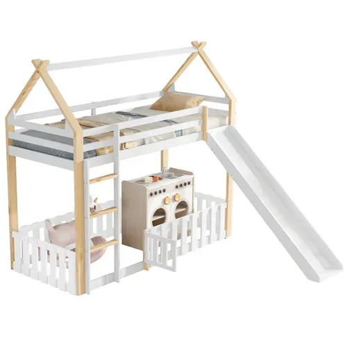 Lit Superposé Cabane 90x200 Cm, Toboggan, Barrière Et Porte, Espace De Jeu Enfant, Pin Blanc + Bois